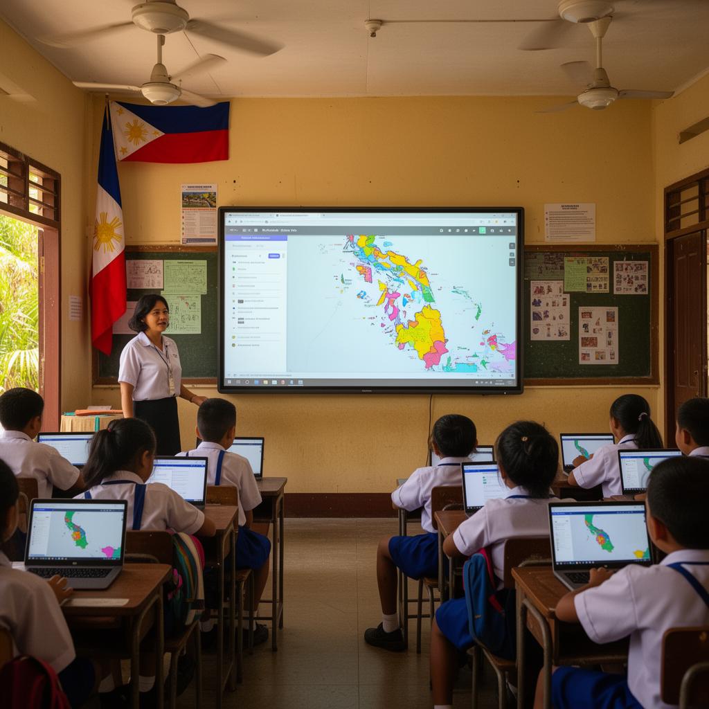 Filipino classroom with students on Chromebooks following a geography lesson on a wall-mounted interactive display