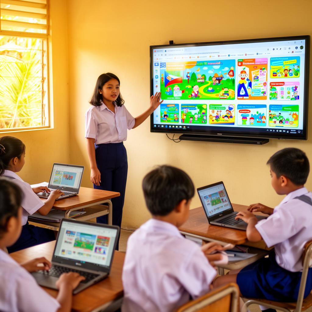 Filipino teacher using an interactive flat panel while students work on EDXIS Chromebooks in a Philippines classroom